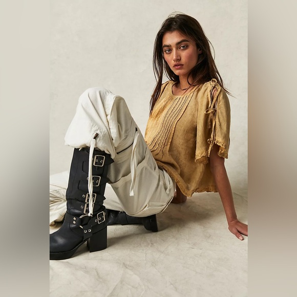 Free People Lilia Pintuck Top Medium Mustard Blouse - Picture 3 of 8